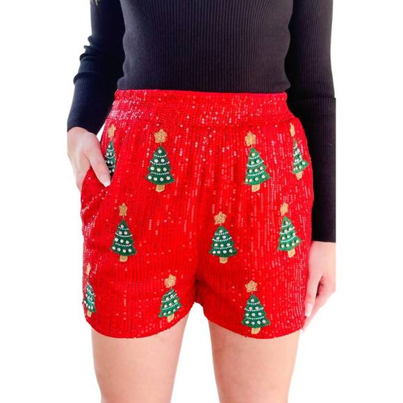 WHY DRESS Pants - NEW WHY DRESS sequin christmas tree shorts in red